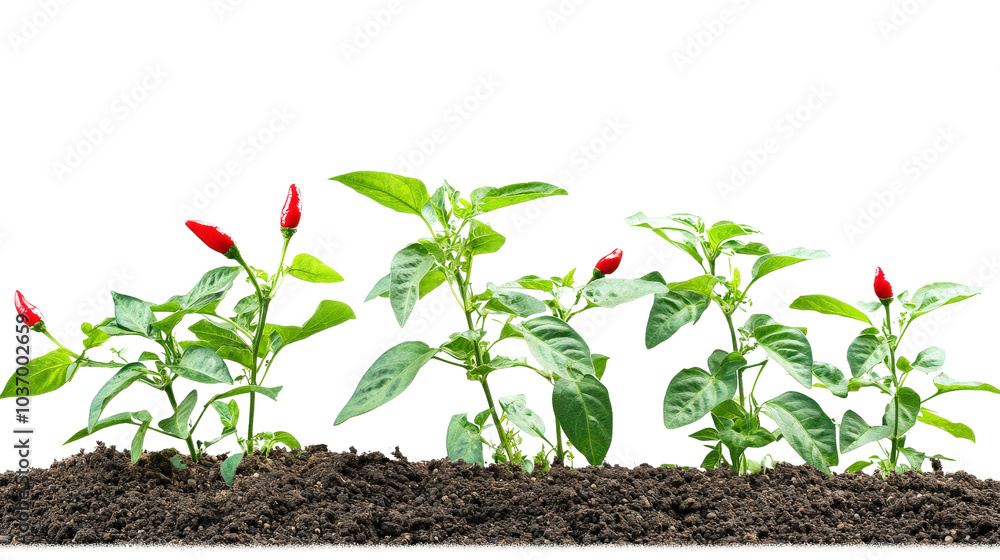 Red flower buds on green stems in rich dark soil. Transparent background Red flower buds on green stems in rich dark soil. Transparent background