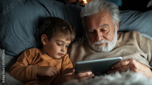 A warm, intimate moment as a grandfather and his grandson share a bonding experience while browsing on a digital tablet together, enveloped in cozy blankets. photo