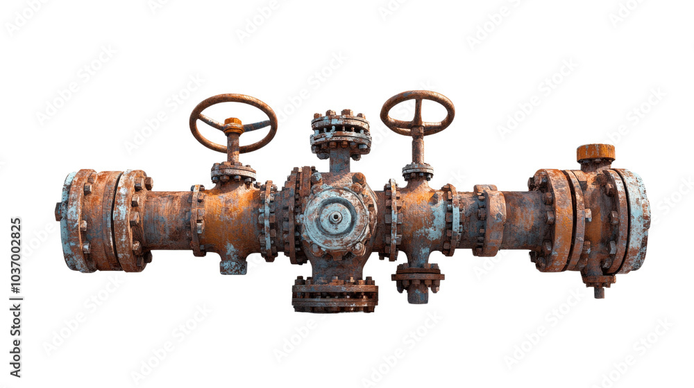 Rusty industrial valve with intricate gears and pipes. Transparent background Rusty industrial valve with intricate gears and pipes. Transparent background