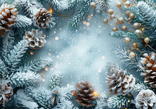 Wallpaper Mural Snowy Pine Cones and Twigs with Golden Ornaments and Lights Torontodigital.ca