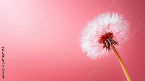 A detailed shot of a dandelion seed head showing its delicate white seeds poised to drift away, set against a vivid pink backdrop, evokes feelings of lightness and freedom. photo