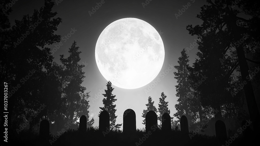 Eerie Full Moon Casting Shadows Over a Forest Cemetery at Night Eerie Full Moon Casting Shadows Over a Forest Cemetery at Night