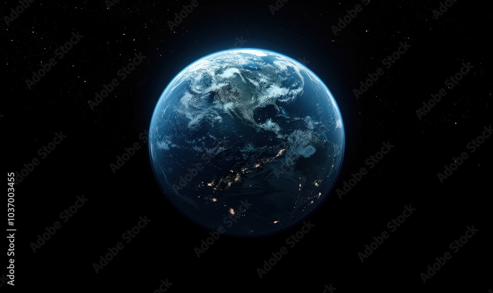 Earth with its Clouds and City Lights Against a Starry Night Sky Earth with its Clouds and City Lights Against a Starry Night Sky