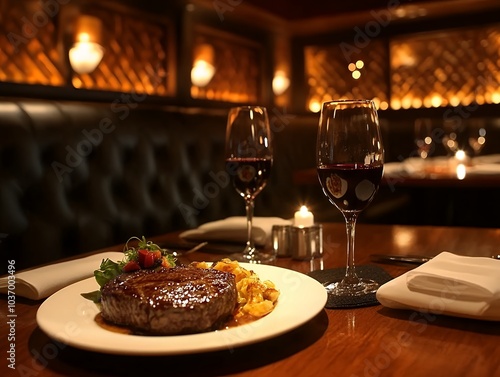 高級ステーキハウスでのディナーと赤ワイン | Dinner and Red Wine at an Upscale Steakhouse
