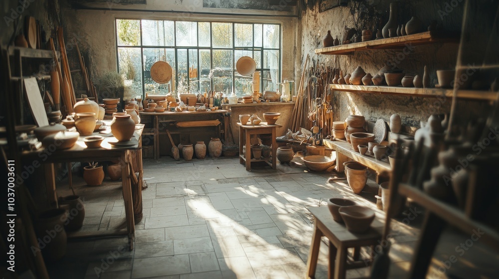 Fototapeta premium Exploring the Artisan's Haven: A Warm and Inviting Pottery Studio Filled with Handcrafted Ceramics and Natural Light
