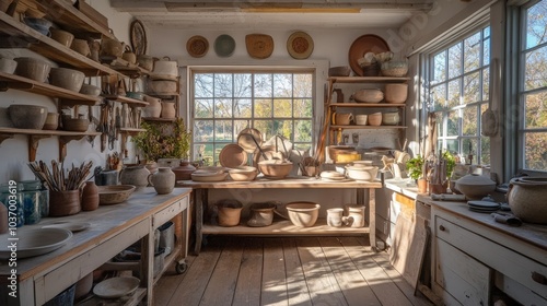 A Serene Artisan's Studio: Embracing Natural Light and Handmade Ceramics in a Cozy, Rustic Pottery Workshop