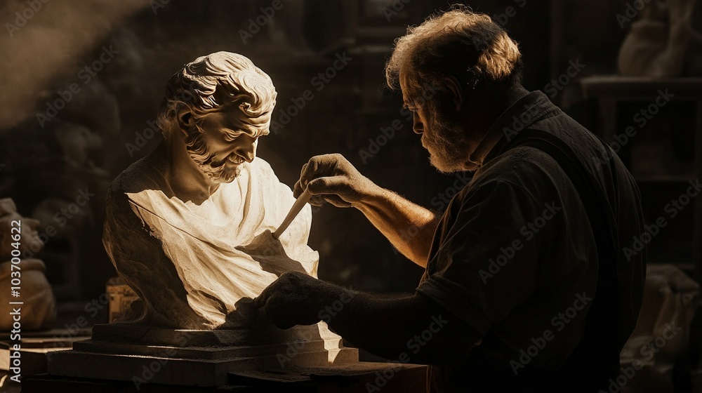 Fototapeta premium Mastering the Art of Sculpture: An Artisan's Dedication to Crafting a Timeless Bust in a Dimly Lit Studio