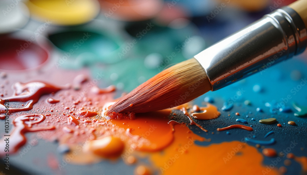 Vibrant paintbrush tip dipping into colorful paint puddle in macro detail Vibrant paintbrush tip dipping into colorful paint puddle in macro detail