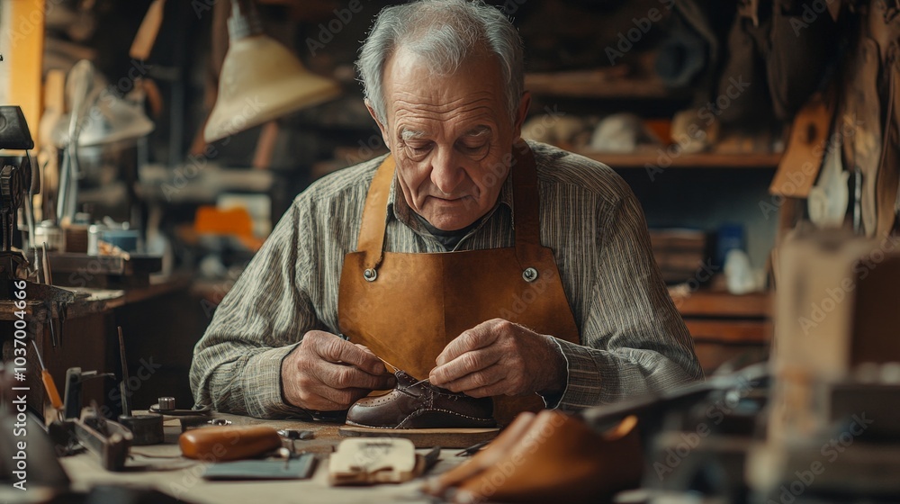 Artisan Craftsmanship: A Master Leatherworker Perfects His Trade in a Cozy Workshop, Surrounded by Tools and Materials of Generations of Handcrafted Leather Goods. Artisan Craftsmanship: A Master Leatherworker Perfects His Trade in a Cozy Workshop, Surrounded by Tools and Materials of Generations of Handcrafted Leather Goods.