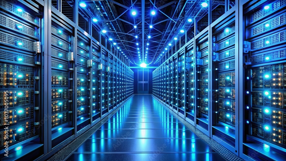 Fototapeta premium Rows of sleek servers hum with activity, their glowing blue lights illuminating a complex network of wires, as virtual servers efficiently utilize physical hardware resources.