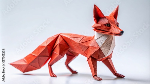 Isolated origami red fox figurine with intricate folds and delicate features sits alone on a crisp white background, evoking Japanese culture and craftsmanship. photo