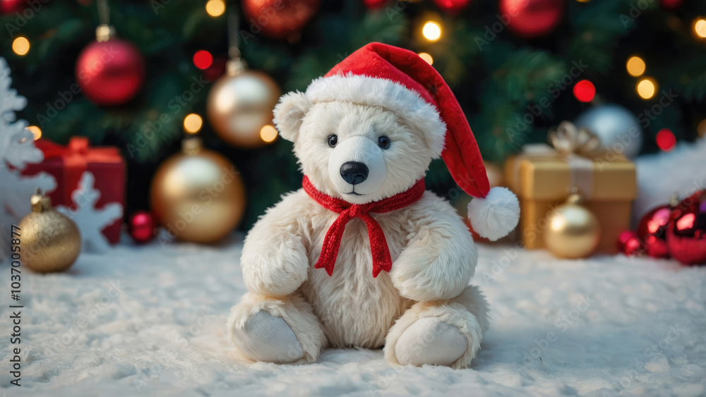 Obraz premium plush toy polar bear in Santa Claus hat with Christmas decorations