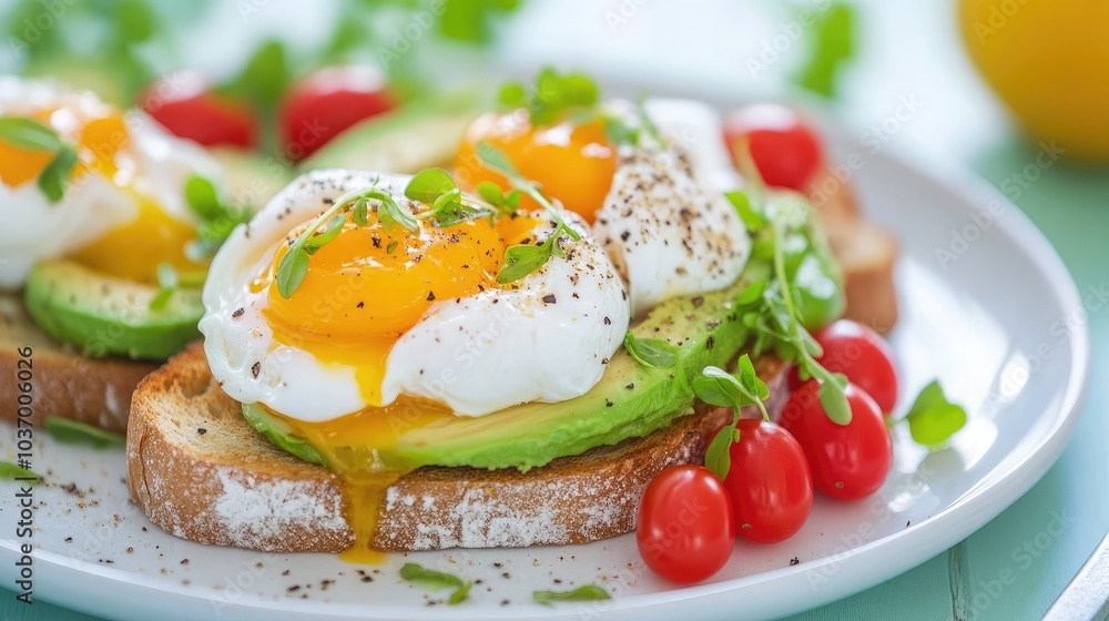 Delicious Avocado Toast with Poached Eggs and Tomatoes Delicious Avocado Toast with Poached Eggs and Tomatoes