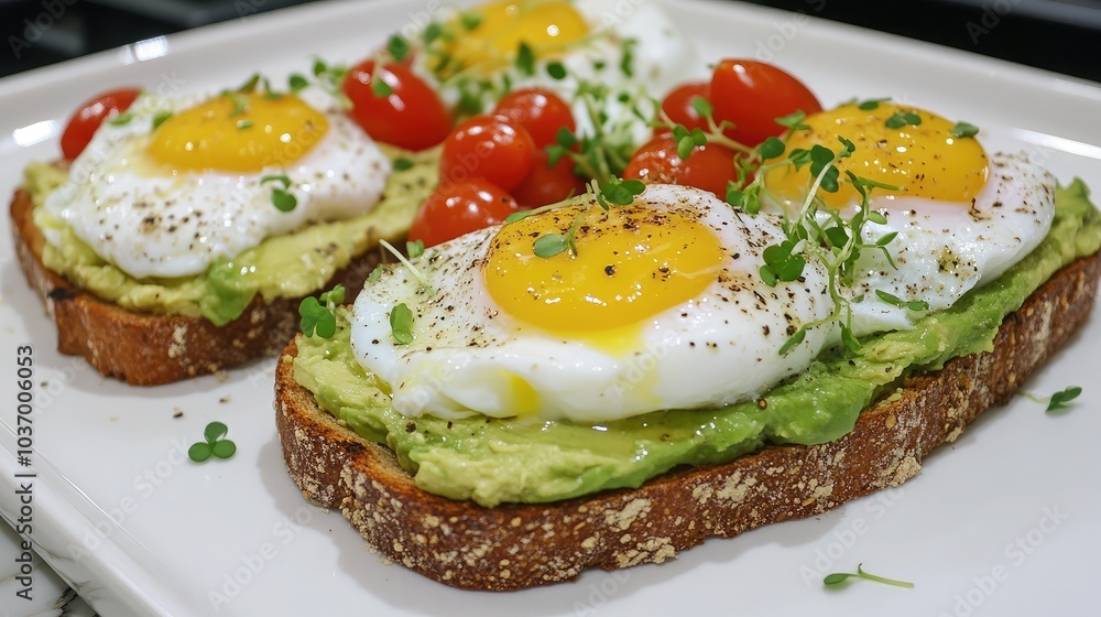 Delicious Avocado Toast with Poached Eggs and Tomatoes Delicious Avocado Toast with Poached Eggs and Tomatoes
