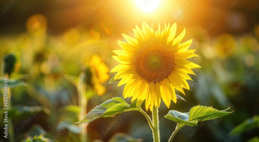 Fototapeta premium A Single Sunflower in a Field Bathed in Golden Sunlight