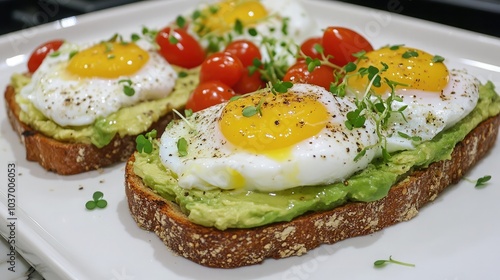 Delicious Avocado Toast with Poached Eggs and Tomatoes