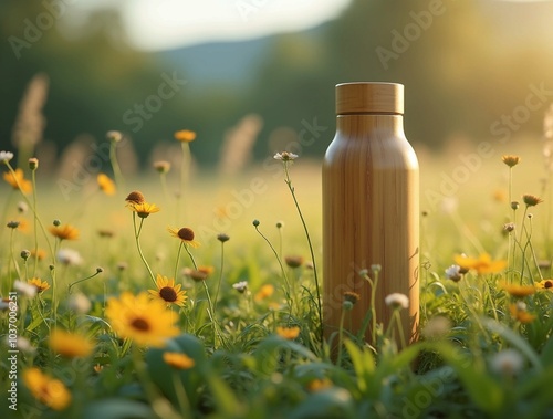 A reusable eco-friendly bamboo water bottle resting on a grassy field with wildflowers background symbolizing sustainability and nature conservation, wallpaper, background