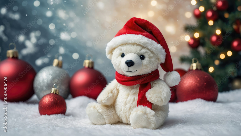 plush toy polar bear in Santa Claus hat with Christmas decorations plush toy polar bear in Santa Claus hat with Christmas decorations