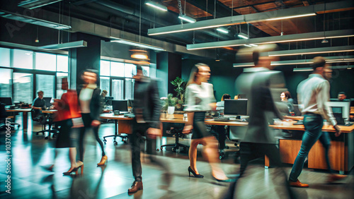 Fototapeta Naklejka Na Ścianę i Meble -  Corporate employees working in open coworking space, Concept of office bustle at the end of a busy workday.