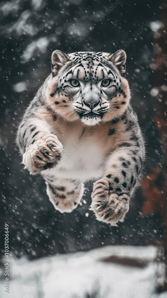 Obraz premium a magnificent snow leopard leaping through the air 