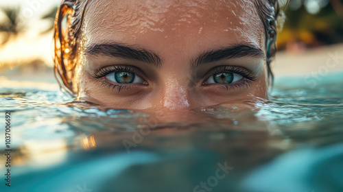 A close-up shot of a woman’s piercing gaze as she emerges from the water, with only her eyes and forehead visible above the surface. The water reflects the vibrant colors of the tropical surroundings.