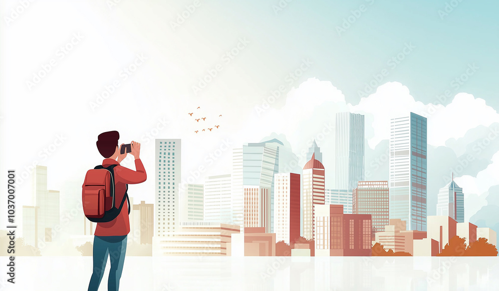 Minimalist Cityscape with a Single Tourist Taking a Photo, Clean Architecture, generative ai Minimalist Cityscape with a Single Tourist Taking a Photo, Clean Architecture, generative ai