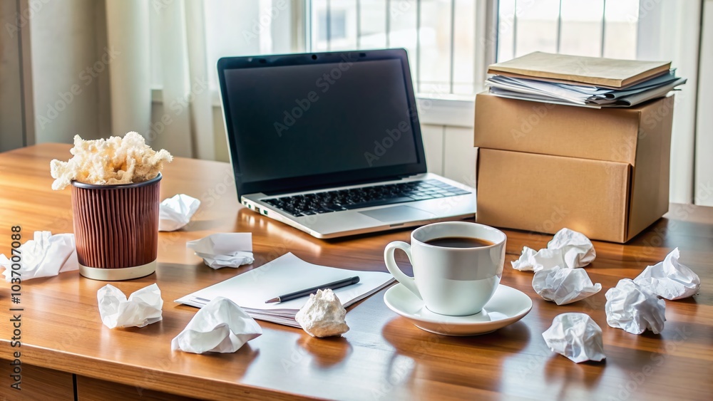 Cluttered office desk with laptop, papers, and coffee cup, surrounded by empty tissue boxes and crumpled up used tissues, conveying a sense of illness. Cluttered office desk with laptop, papers, and coffee cup, surrounded by empty tissue boxes and crumpled up used tissues, conveying a sense of illness.