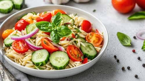 Fresh Vegetable Pasta Salad in White Bowl