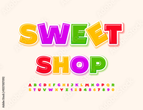 Vector colorful logo Sweet Shop. Bright Glossy Font. Creative Kids Alphabet Letters and Numbers set.