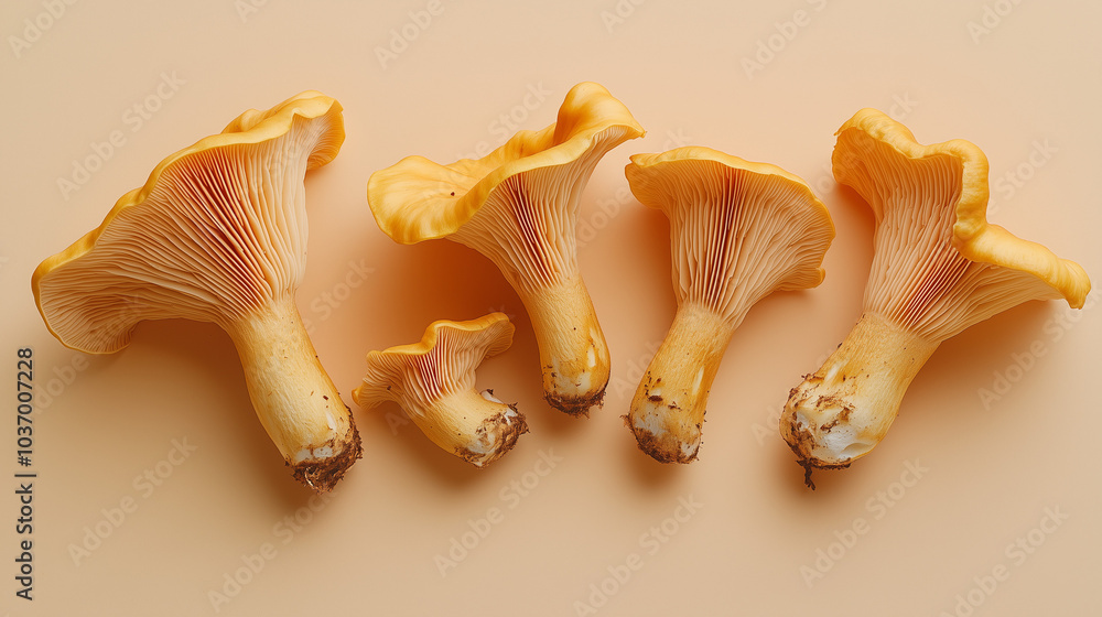 Fresh Chanterelle Mushrooms on Beige Background, Natural Organic Gourmet Food Fresh Chanterelle Mushrooms on Beige Background, Natural Organic Gourmet Food