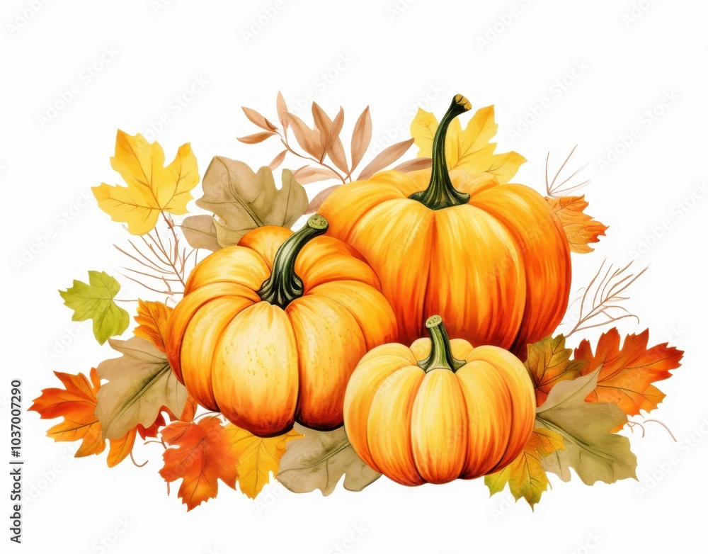 Three Pumpkins with Autumn Leaves on a White Background Three Pumpkins with Autumn Leaves on a White Background