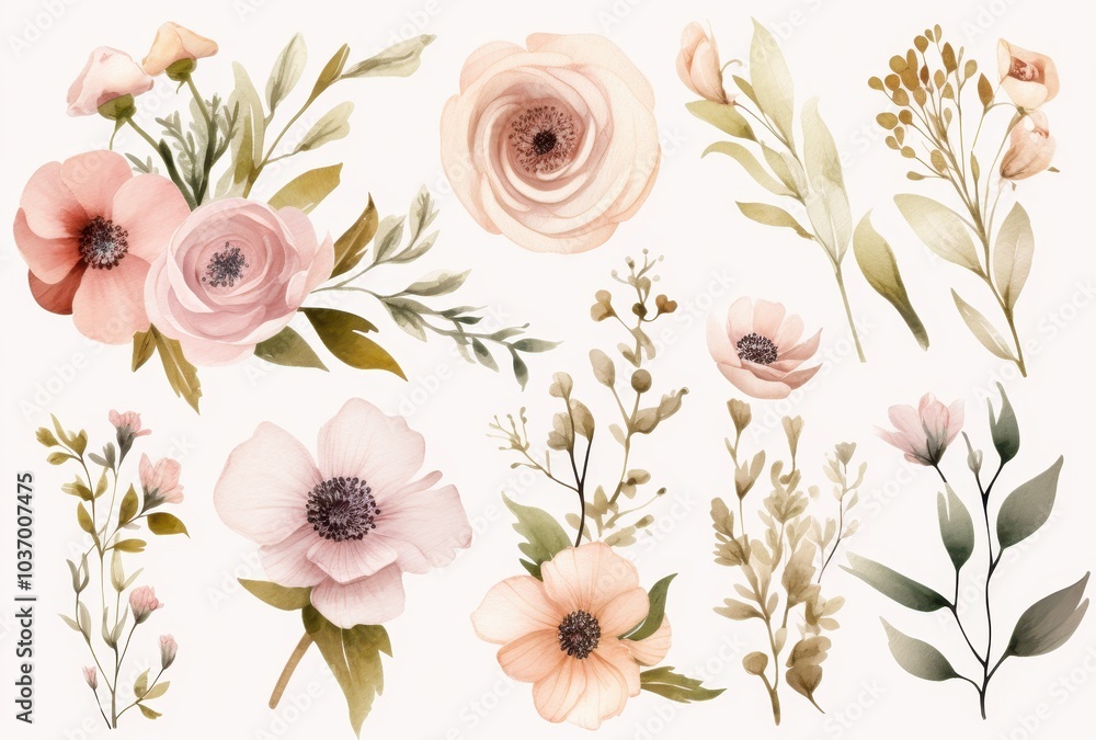 Fototapeta premium Watercolor Illustration of Delicate Pastel Flowers and Greenery