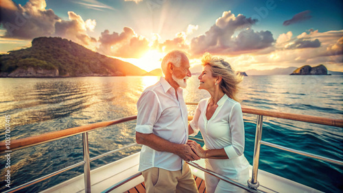 retired couple on a romantic cruise on a luxury yacht, tropical romantic trip,