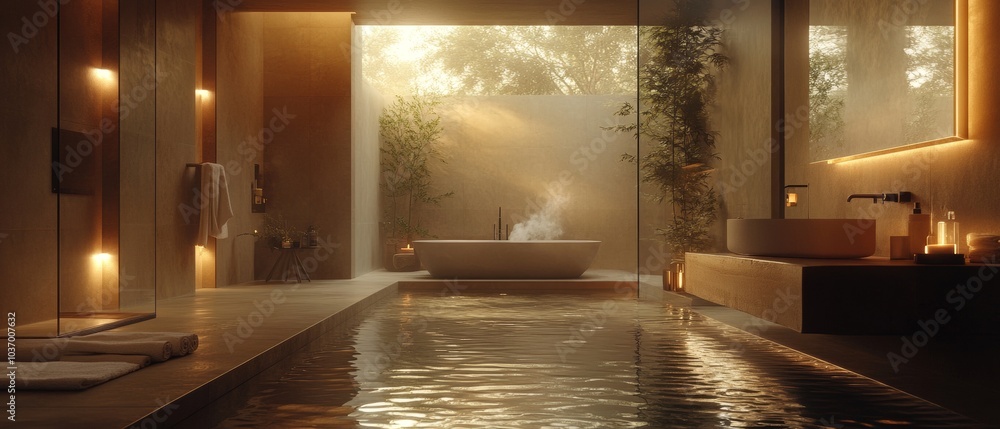 A large, modern bathroom with a large bathtub and a small sink A large, modern bathroom with a large bathtub and a small sink