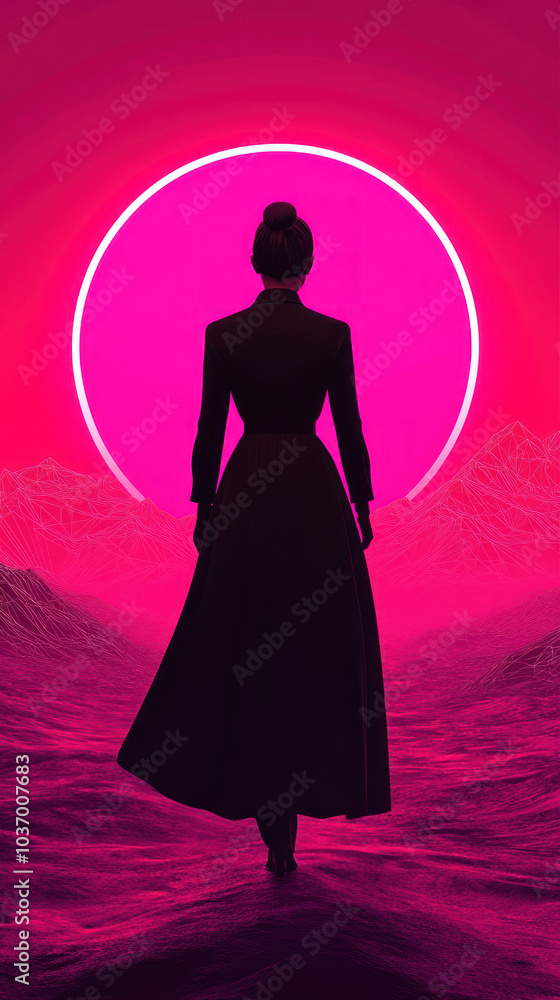 A mysterious figure in a striking pink landscape embracing the enigma of the unknown with a bold silhouette against a radiant sunset horizon A mysterious figure in a striking pink landscape embracing the enigma of the unknown with a bold silhouette against a radiant sunset horizon