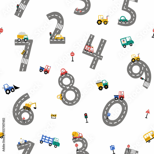 Seamless pattern with cute various colored cars and cartoon numbers from 1 to 9 on a white background. Drawing for children's textiles with cars and vehicles for boys. Kids car background. 