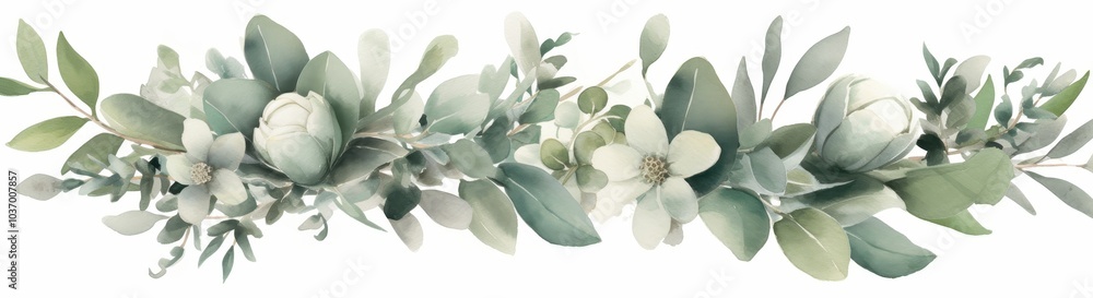 Watercolor Painting of White Flowers and Green Leaves Watercolor Painting of White Flowers and Green Leaves
