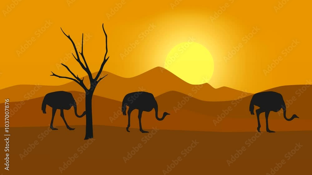 Beautiful sunset landscape with walking ostriches (animation, seamless loop) Beautiful sunset landscape with walking ostriches (animation, seamless loop)
