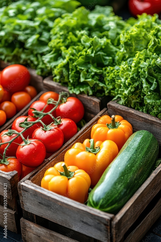 Fresh Produce Market Display with Wooden Crates and Colorful Vegetables. Fresh Produce Market Display with Wooden Crates and Colorful Vegetables.