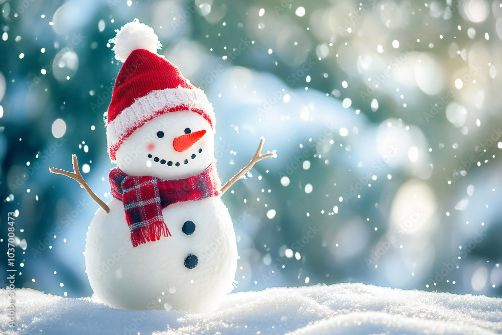 Happy snowman standing in christmas landscape Happy snowman standing in christmas landscape