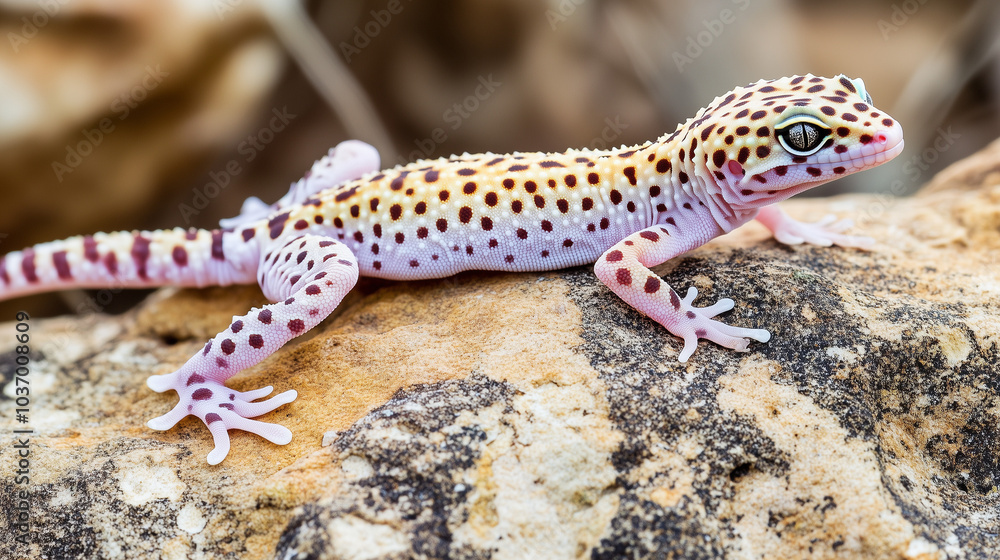 Leopard Gecko on Natural Stone Surface with Detailed Spots and Pink Legs Leopard Gecko on Natural Stone Surface with Detailed Spots and Pink Legs