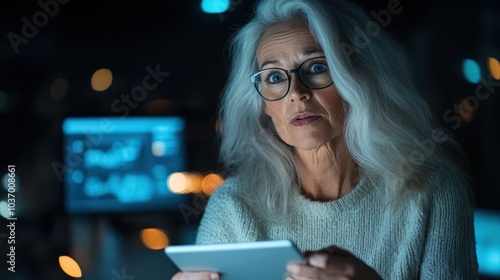 A woman with long white hair and glasses focused on her tablet in a dim room, bathed in the device's glow, symbolizing technology, focus, and modern lifestyle. photo