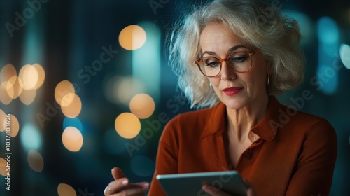 A mature woman with glasses is intently using a tablet in a softly illuminated room, capturing a moment of modern engagement and thoughtful introspection.