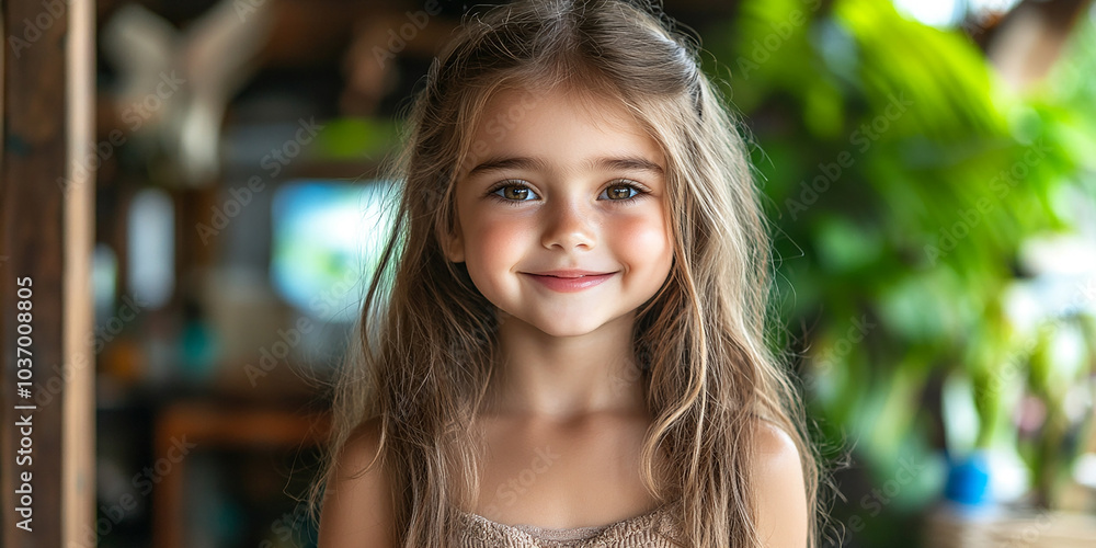 Fototapeta premium Portrait of a beautiful little girl looking at the camera