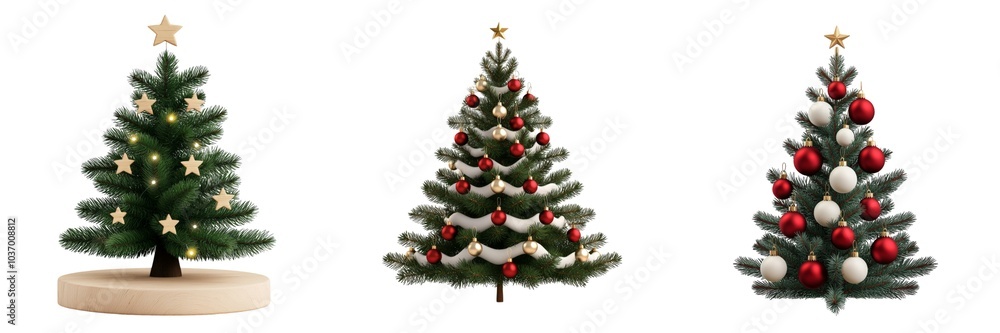 Three beautifully decorated Christmas trees featuring various ornaments, colors, and styles, celebrating festive holiday spirit. Three beautifully decorated Christmas trees featuring various ornaments, colors, and styles, celebrating festive holiday spirit.