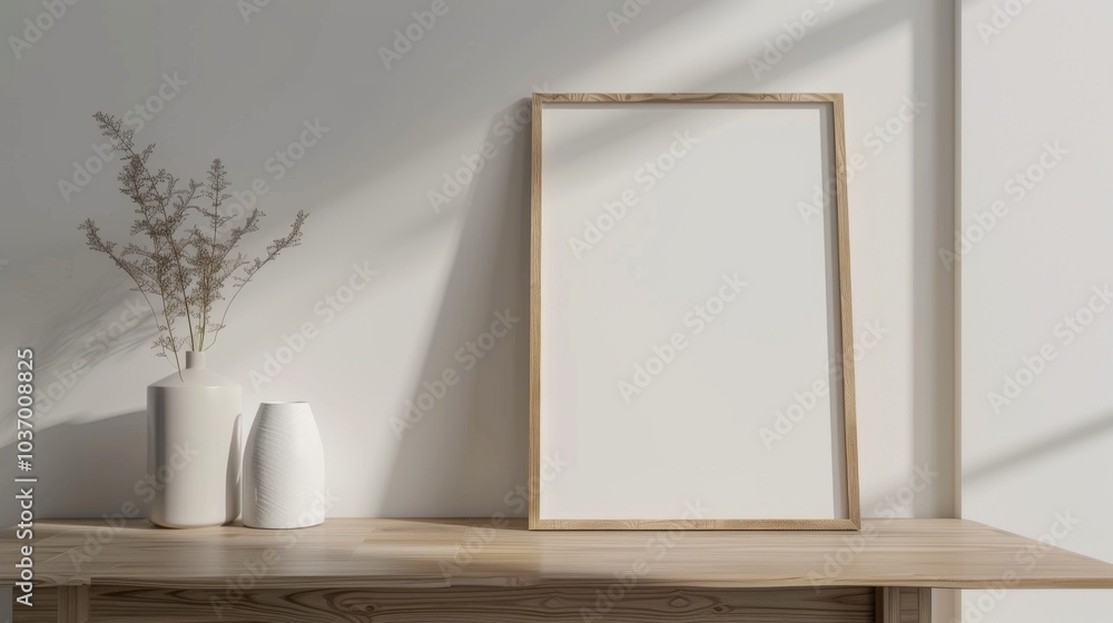 A minimalist desk setup with white walls and wood accents. The desk has a blank picture frame and a single elegant vase. Bright A minimalist desk setup with white walls and wood accents. The desk has a blank picture frame and a single elegant vase. Bright