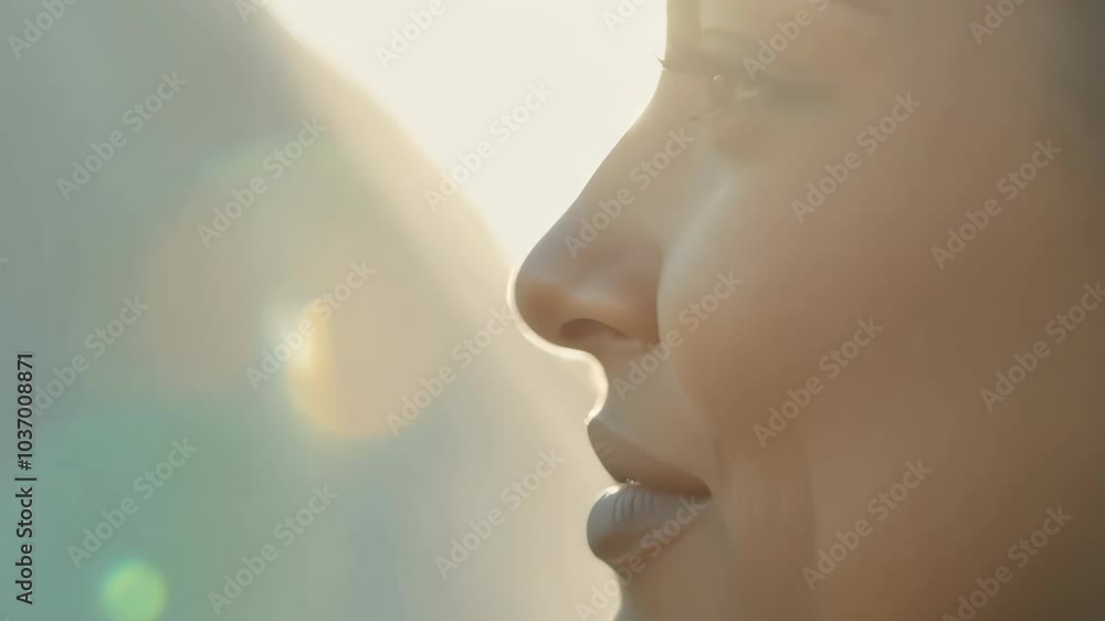 Close-up of smiling woman at sunrise with soft sunlight and bokeh effect Close-up of smiling woman at sunrise with soft sunlight and bokeh effect
