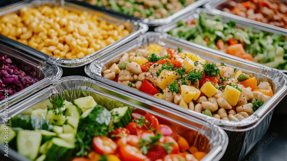 A vibrant display of fresh ingredients colorful salads and healthy dishes in aluminum trays ready for enjoyment A vibrant display of fresh ingredients colorful salads and healthy dishes in aluminum trays ready for enjoyment