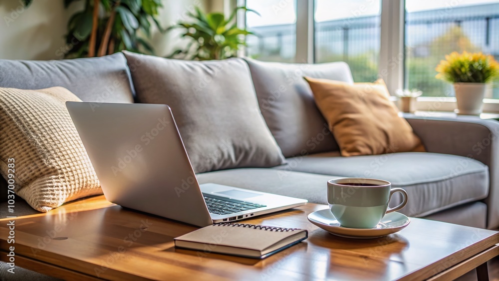 Cozy home office setting with laptop, notebook, and coffee cup on a couch, evoking a sense of comfort and productivity for a remote worker. Cozy home office setting with laptop, notebook, and coffee cup on a couch, evoking a sense of comfort and productivity for a remote worker.