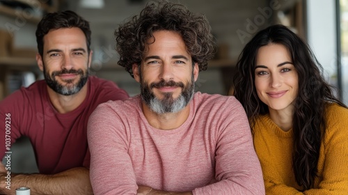 Three adults, two men and a woman, sitting closely together with a relaxed smile, conveying a sense of friendship and comfort in a modern casual setting.